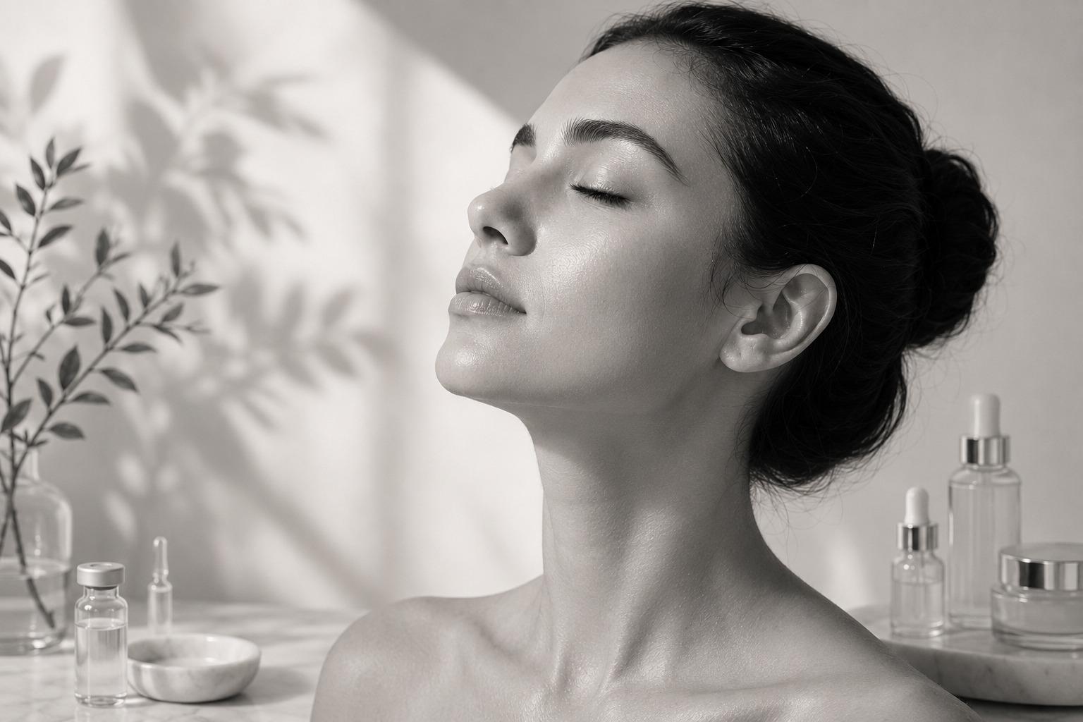 A woman with radiant, healthy skin in soft natural light, reflecting the calm confidence of Nikoo Aesthetics' natural results